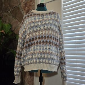 Boho Cottagecore Neutral & Pastel Chunky Knit Sweater with Geometric Pattern